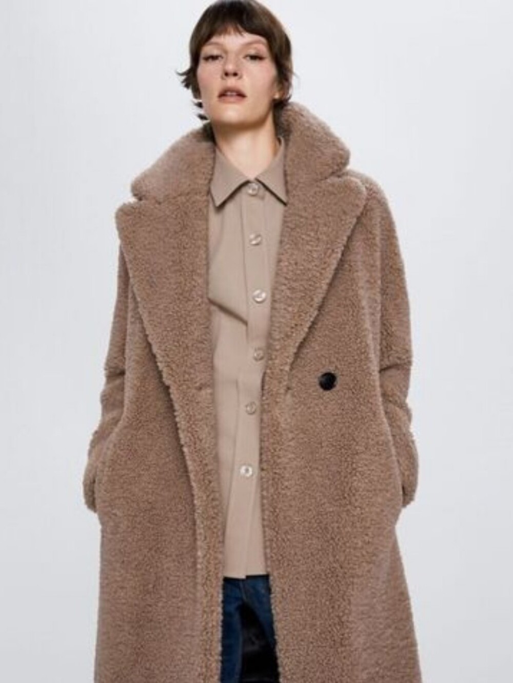 Zara Tan Teddy Longline Coat
